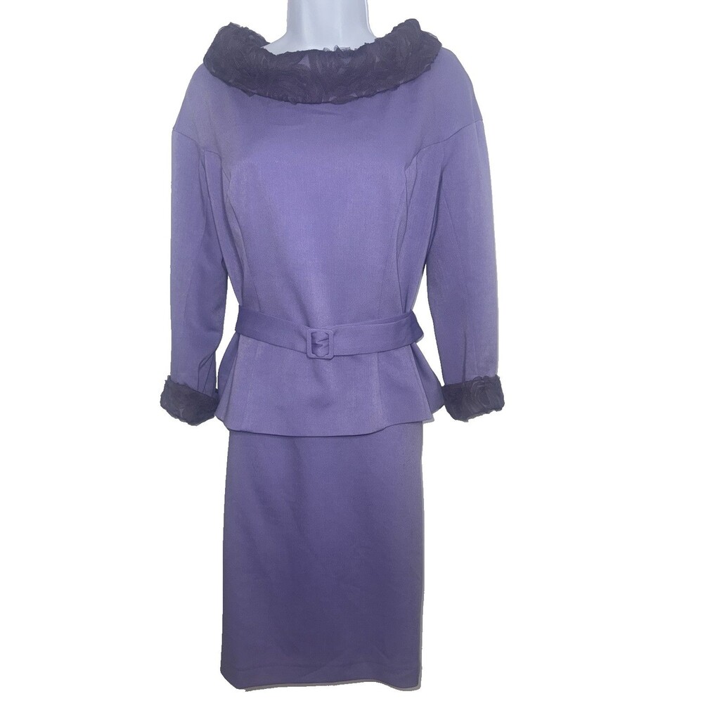 BGL Lilac Belted Wool Blend Skirt Suit Lace Trim Detail Women Size 42